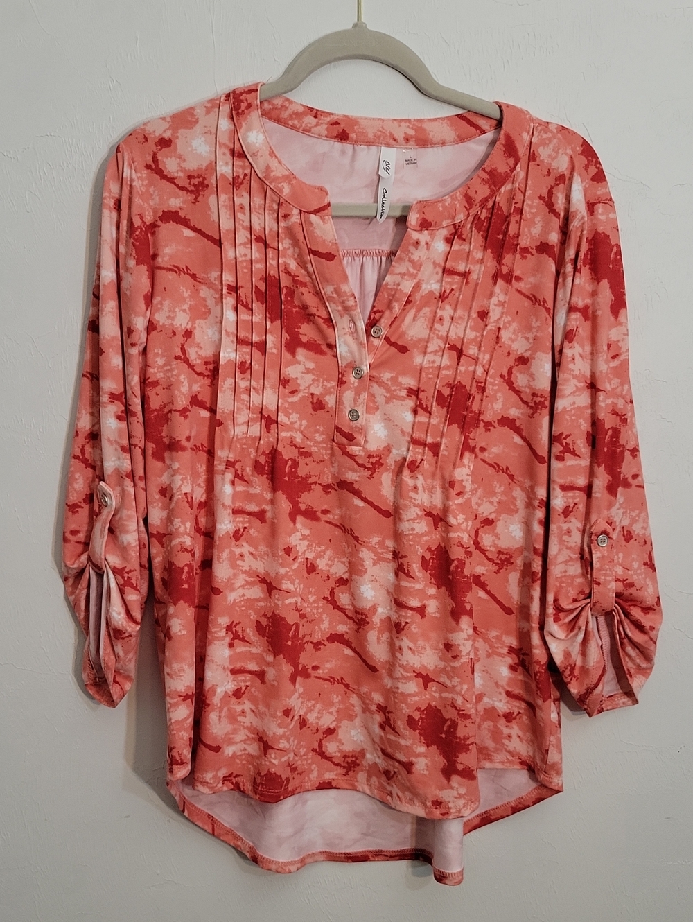 NY Collection Coral Pink Printed Pleated Henley Tunic